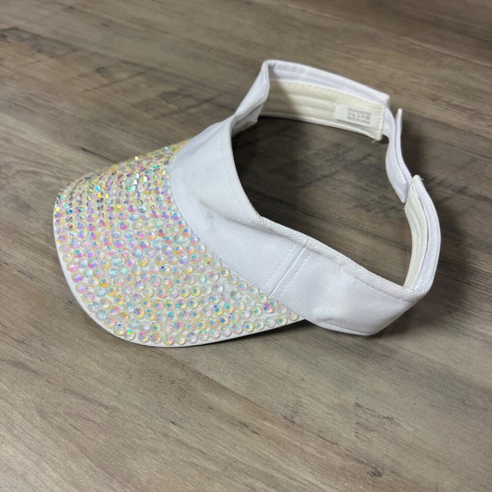 White Adjustable Visor Hat With Iridescent Rhinestones On Brim - Picture 5 of 5